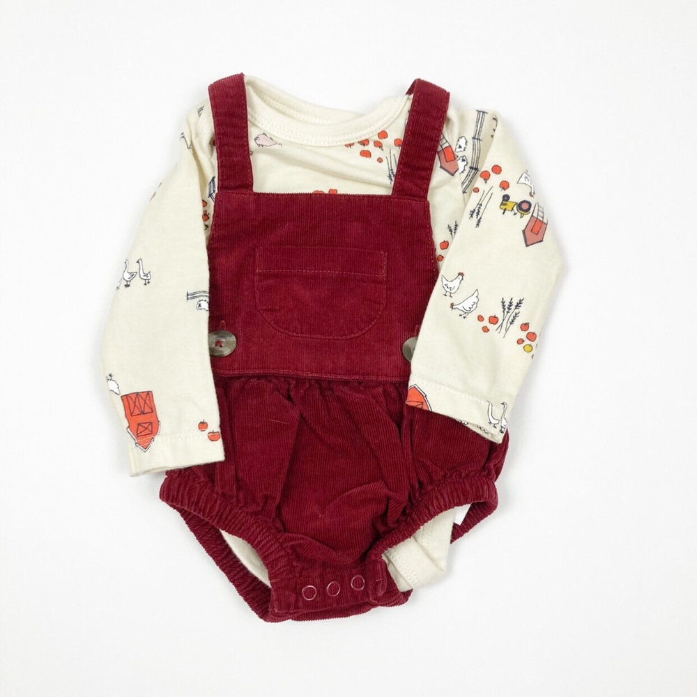 NWT Cat & Jack 2 Piece Maroon Corduroy Bubble Romper with Farm Print Top